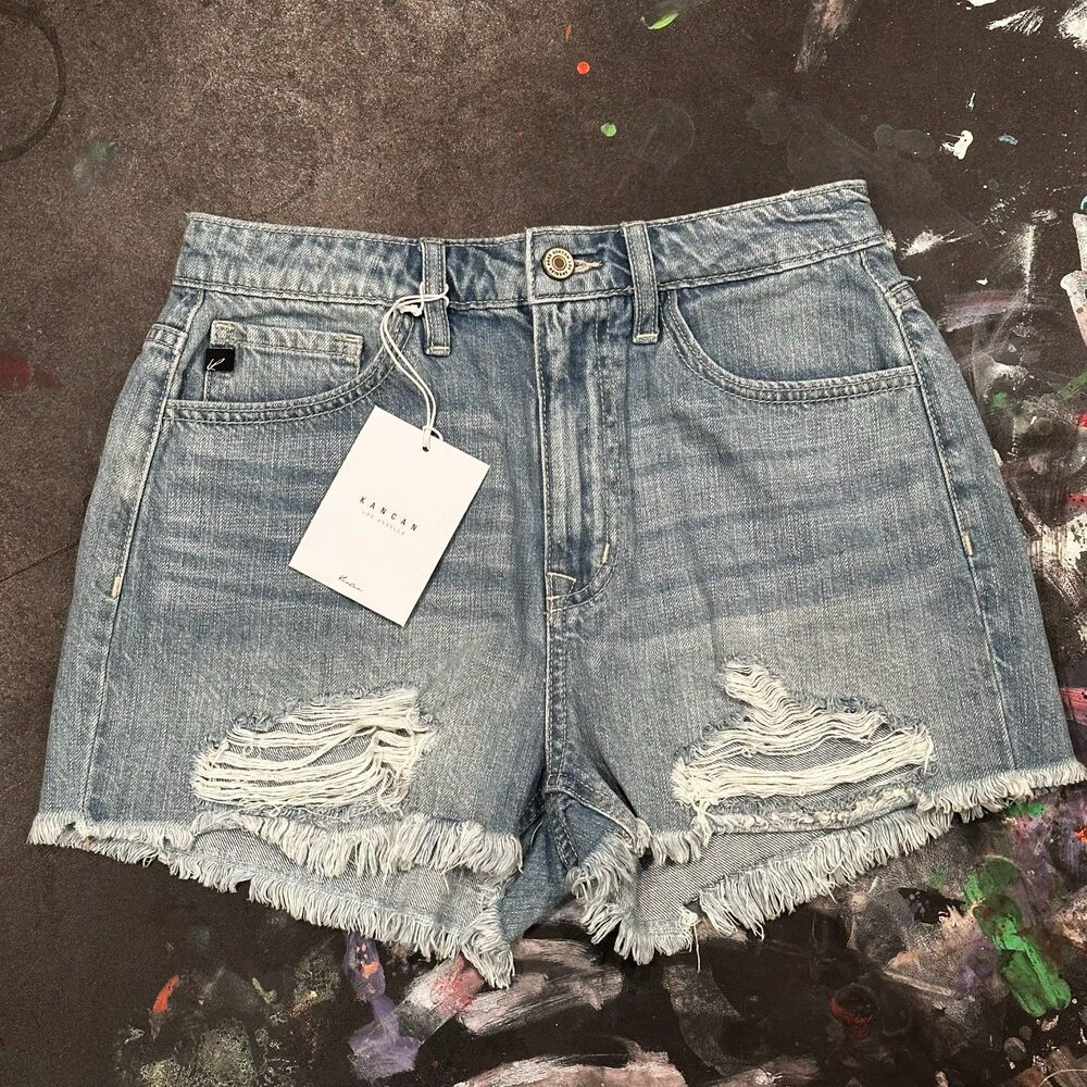 KanCan High Rise Mom Denim Shorts Distressed Light Blue Size 5/26